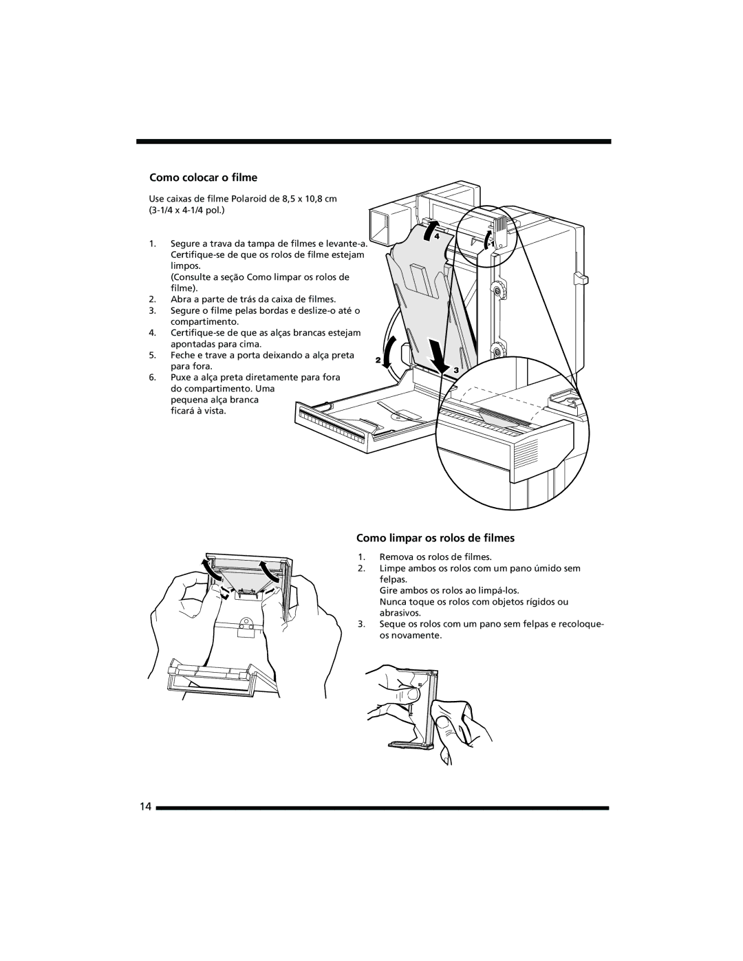 Polaroid 402b manual Como colocar o ﬁlme, Como limpar os rolos de ﬁlmes 