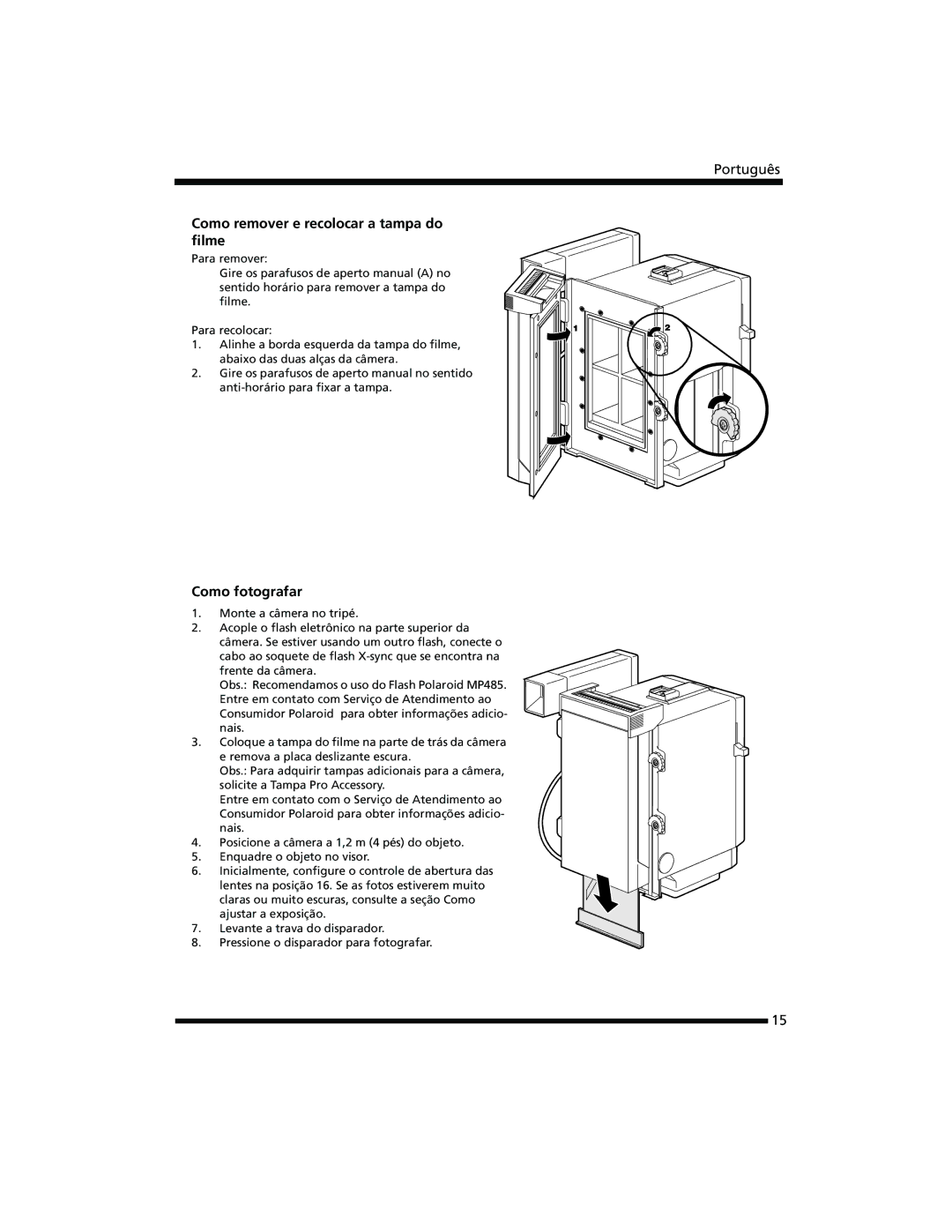 Polaroid 402b manual Como remover e recolocar a tampa do ﬁlme, Como fotografar 