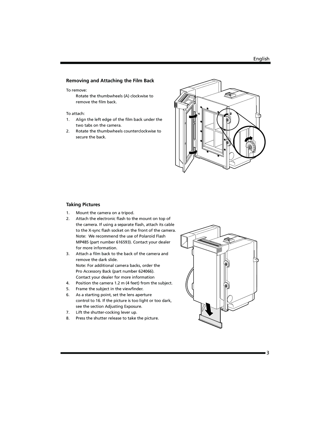 Polaroid 402b manual Removing and Attaching the Film Back, Taking Pictures 