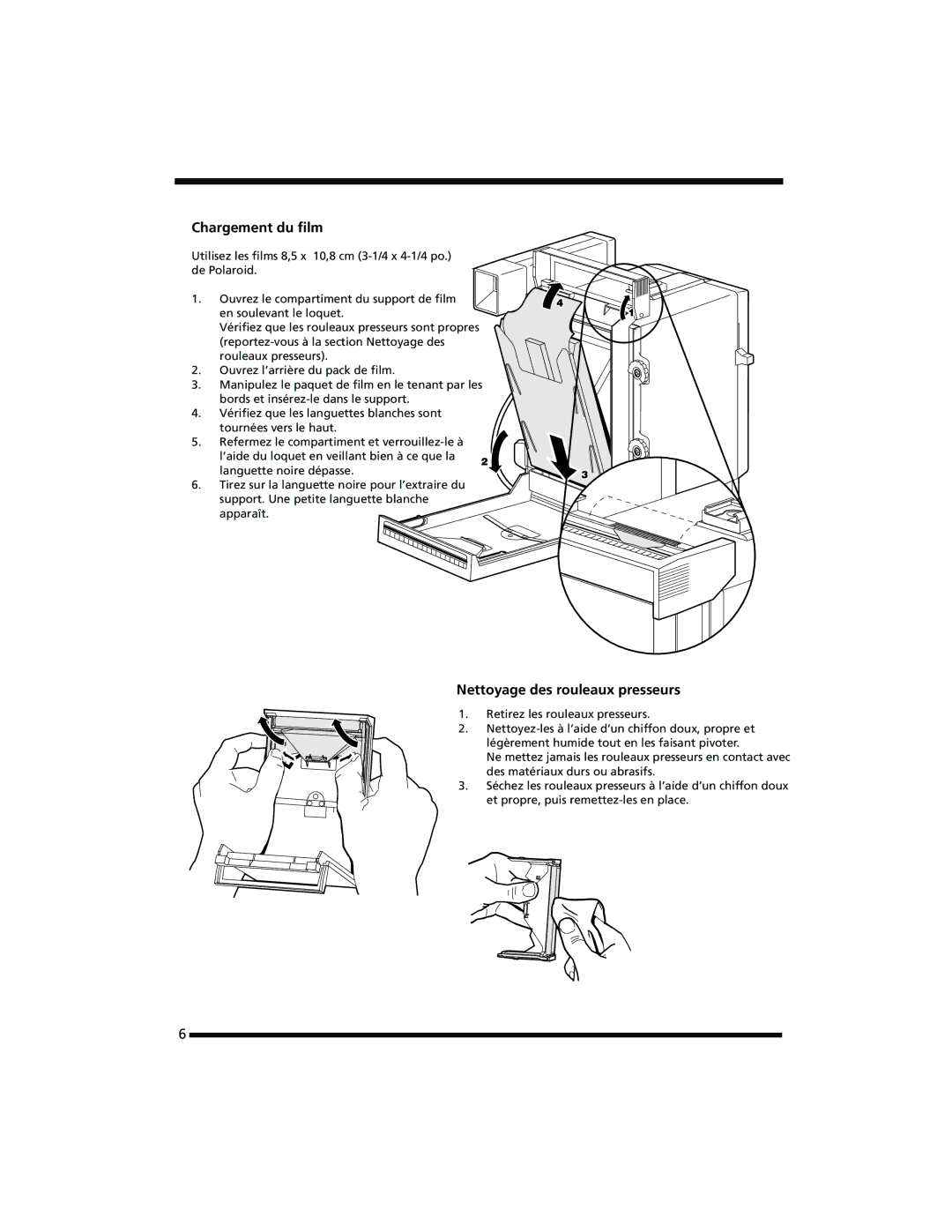 Polaroid 402b manual Chargement du ﬁlm, Nettoyage des rouleaux presseurs 