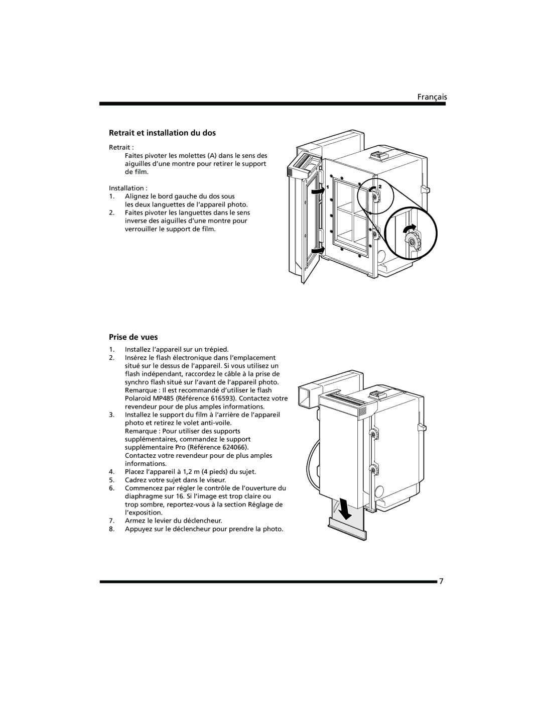Polaroid 402b manual Retrait et installation du dos, Prise de vues 
