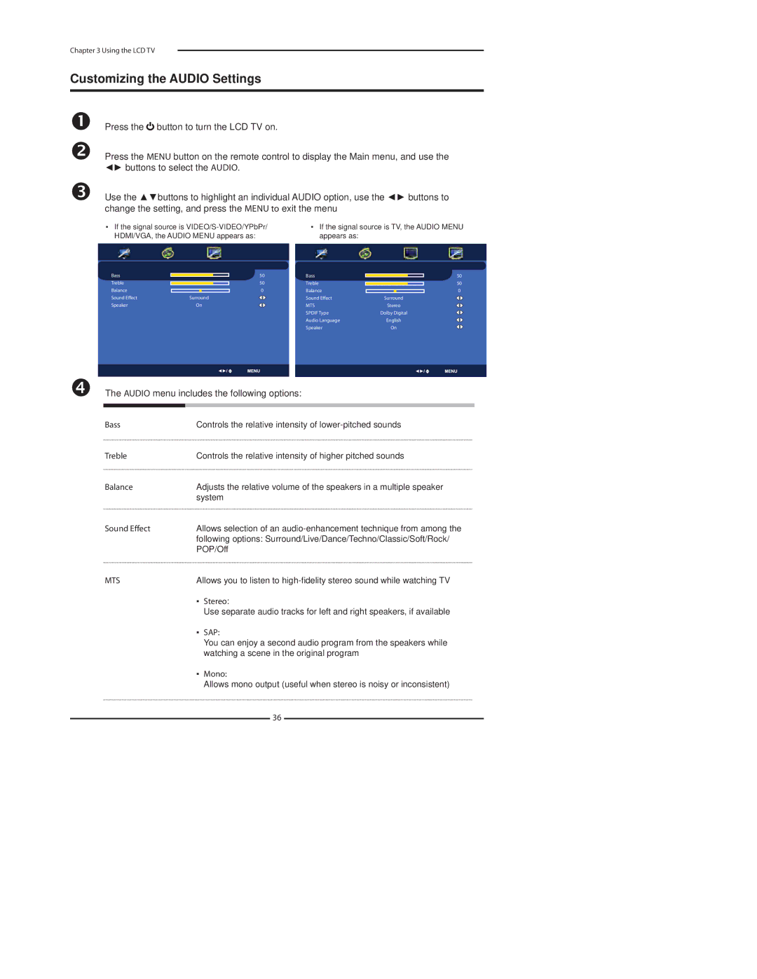 Polaroid 4241-TLXB manual Customizing the Audio Settings, Audio menu includes the following options, Mts, Sap 