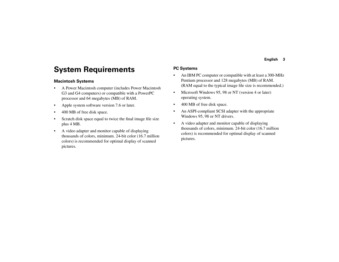 Polaroid 45 Ultra quick start System Requirements, Macintosh Systems, PC Systems 