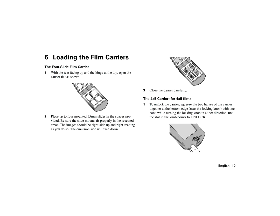Polaroid 45 Ultra quick start Loading the Film Carriers, Four-Slide Film Carrier, 4x5 Carrier for 4x5 ﬁlm 