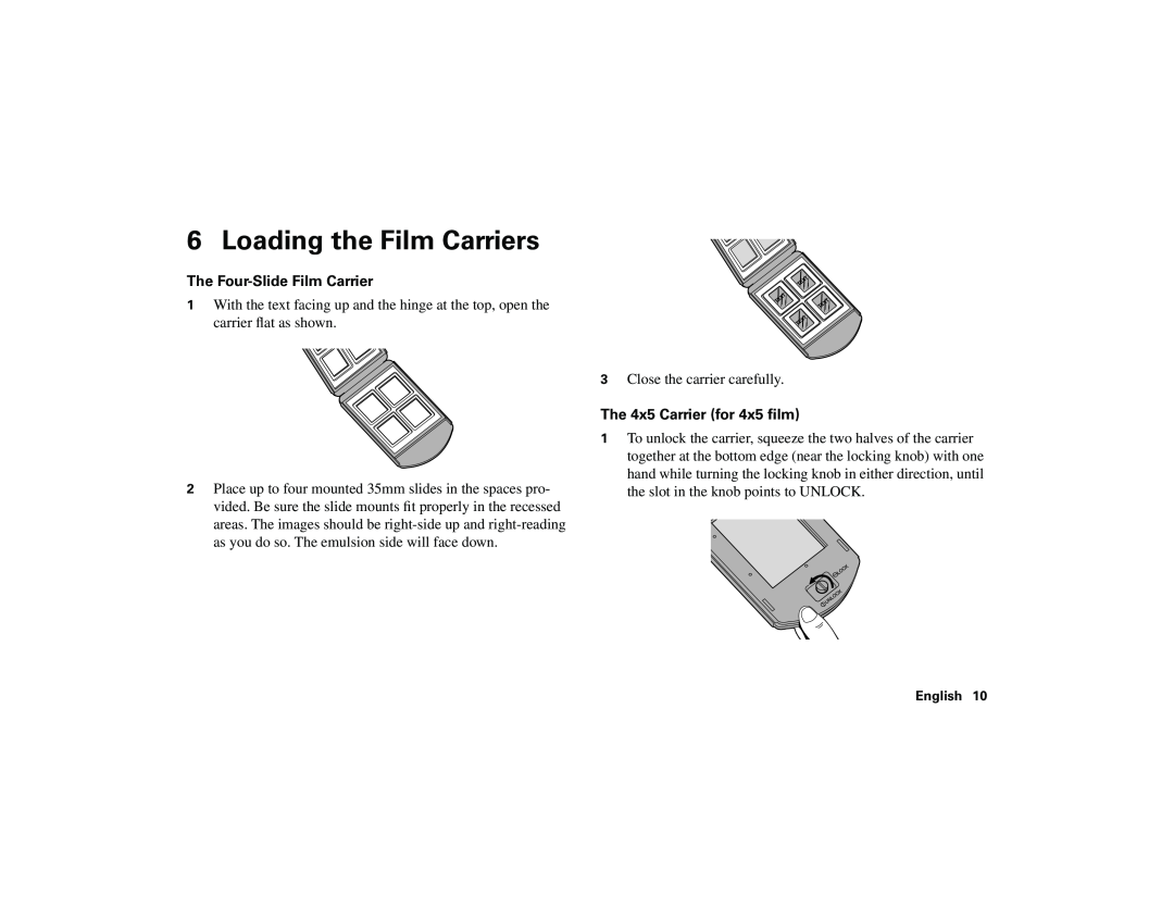 Polaroid 45 Ultra quick start Loading the Film Carriers, The Four-Slide Film Carrier, The 4x5 Carrier for 4x5 ﬁlm 