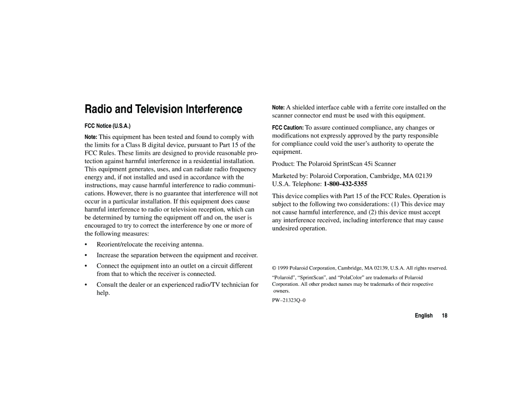 Polaroid 45I quick start Radio and Television Interference 