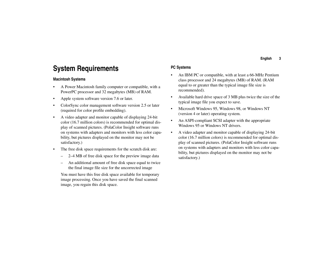 Polaroid 45I quick start System Requirements, Macintosh Systems, PC Systems 