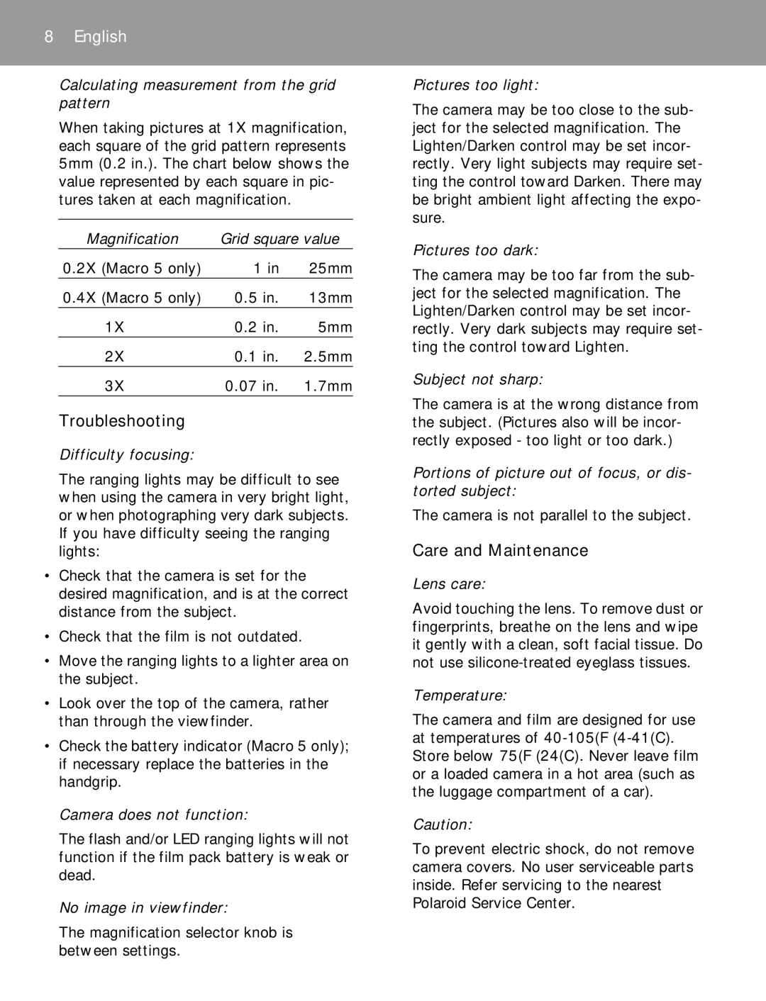 Polaroid 5/3 SLR1200 manual Troubleshooting, Care and Maintenance 