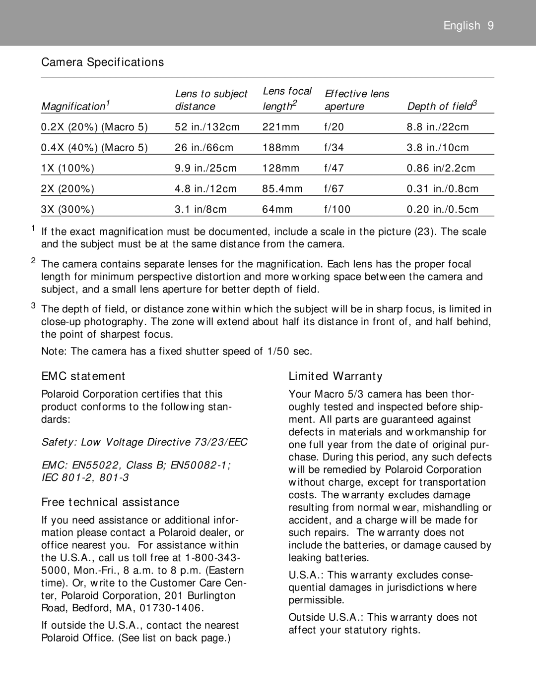 Polaroid 5/3 SLR1200 manual EMC statement, Free technical assistance, Limited Warranty 