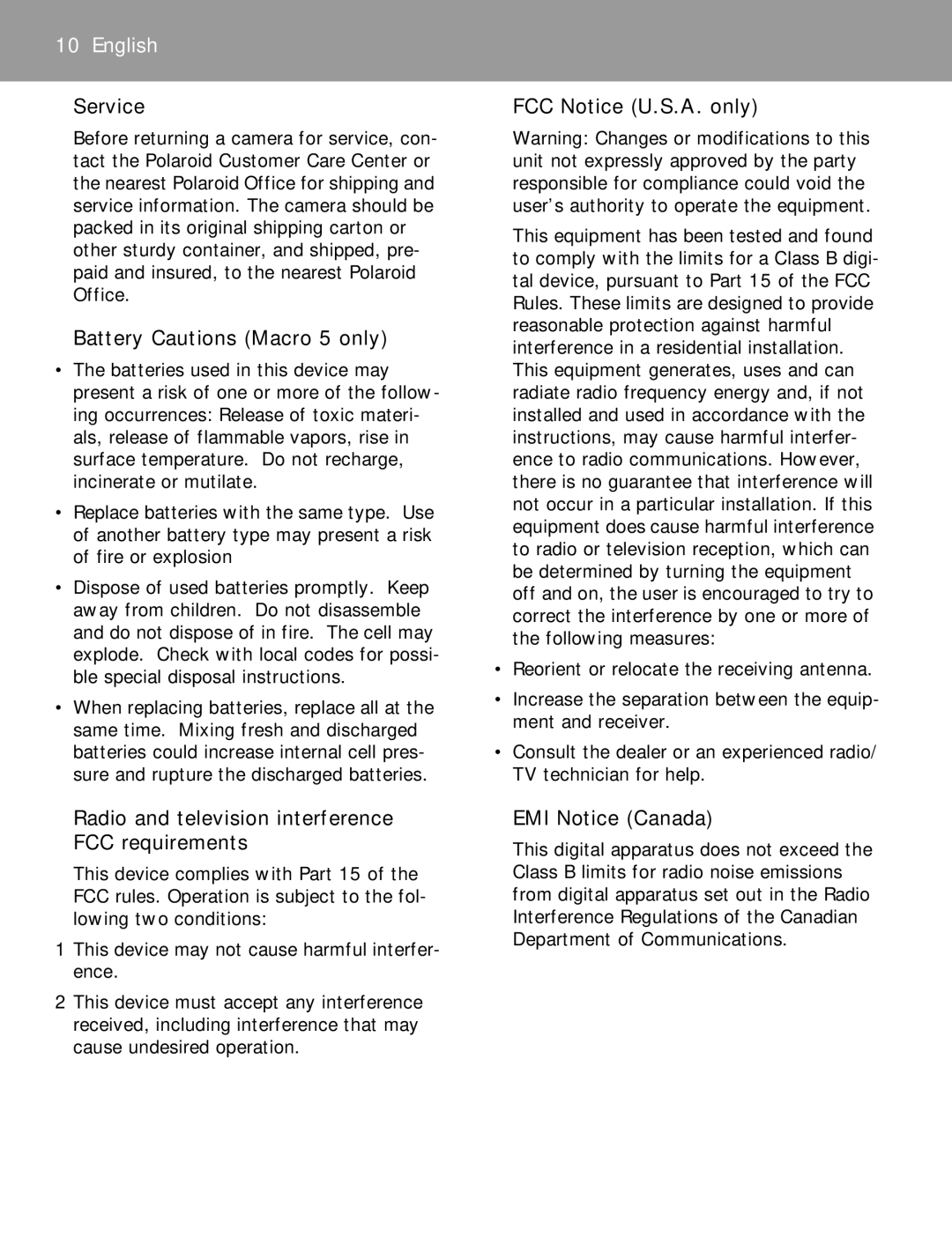 Polaroid 5/3 SLR1200 manual Service, Battery Cautions Macro 5 only, FCC Notice U.S.A. only, EMI Notice Canada 