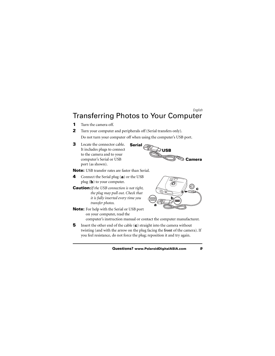 Polaroid 620 user manual Transferring Photos to Your Computer, Serial USB Camera 