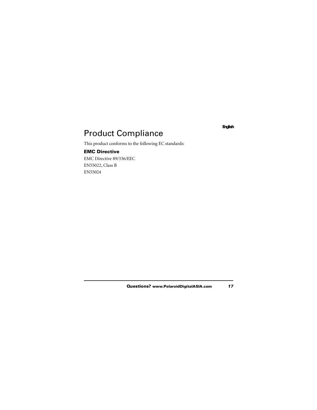 Polaroid 620 user manual Product Compliance, EMC Directive 