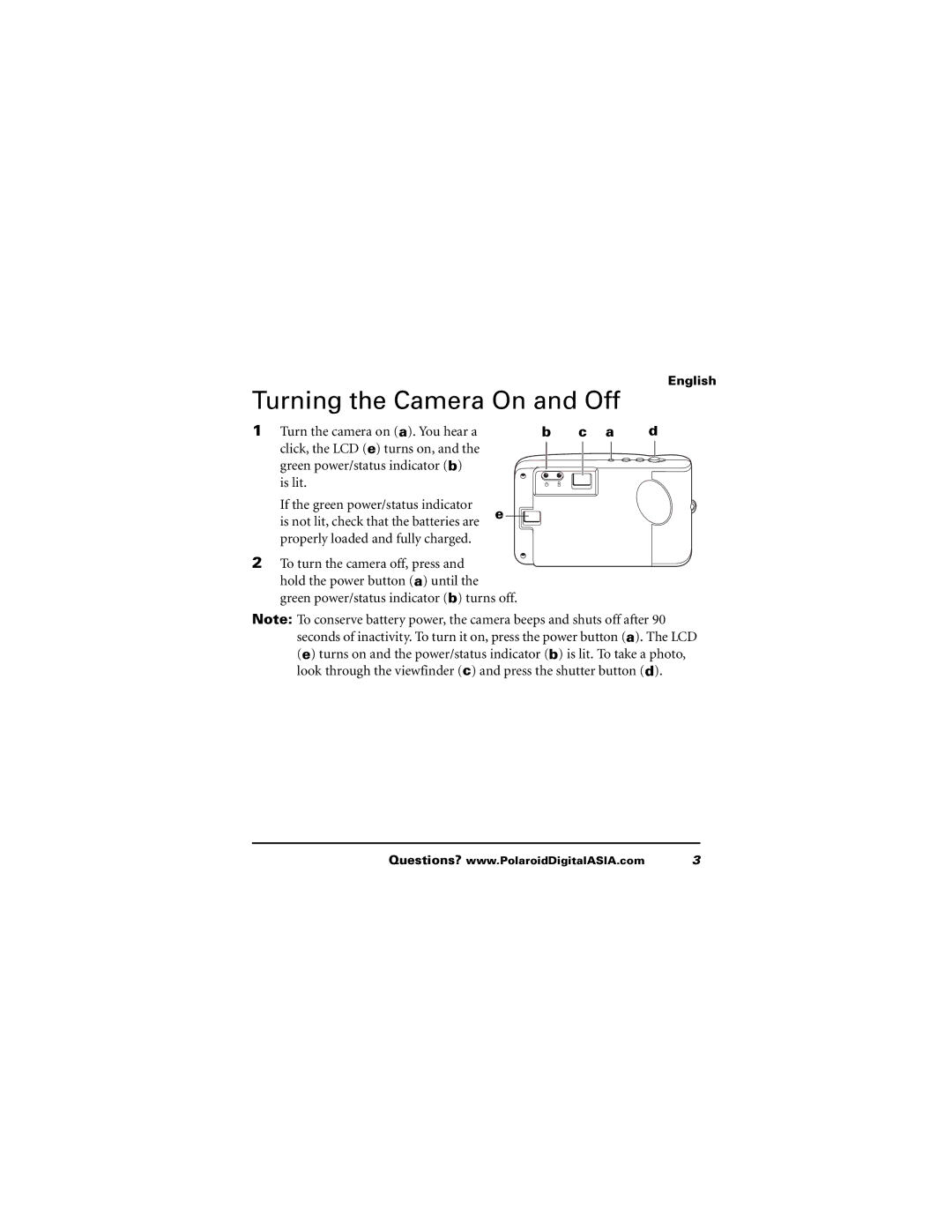 Polaroid 620 user manual Turning the Camera On and Off 