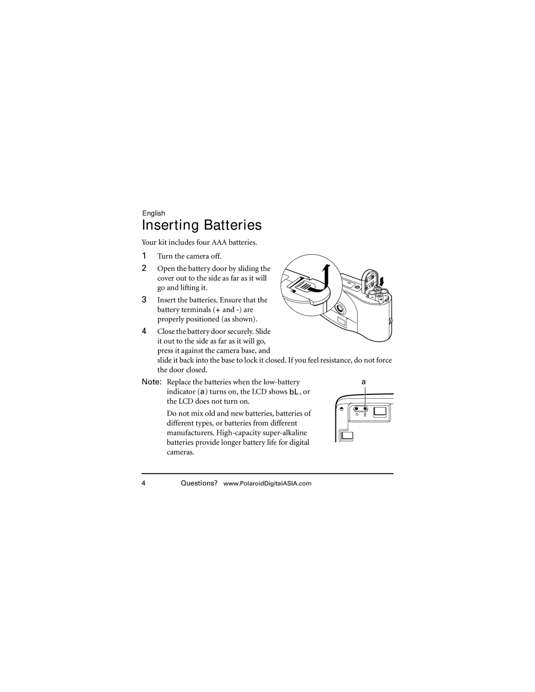 Polaroid 620 user manual Inserting Batteries 