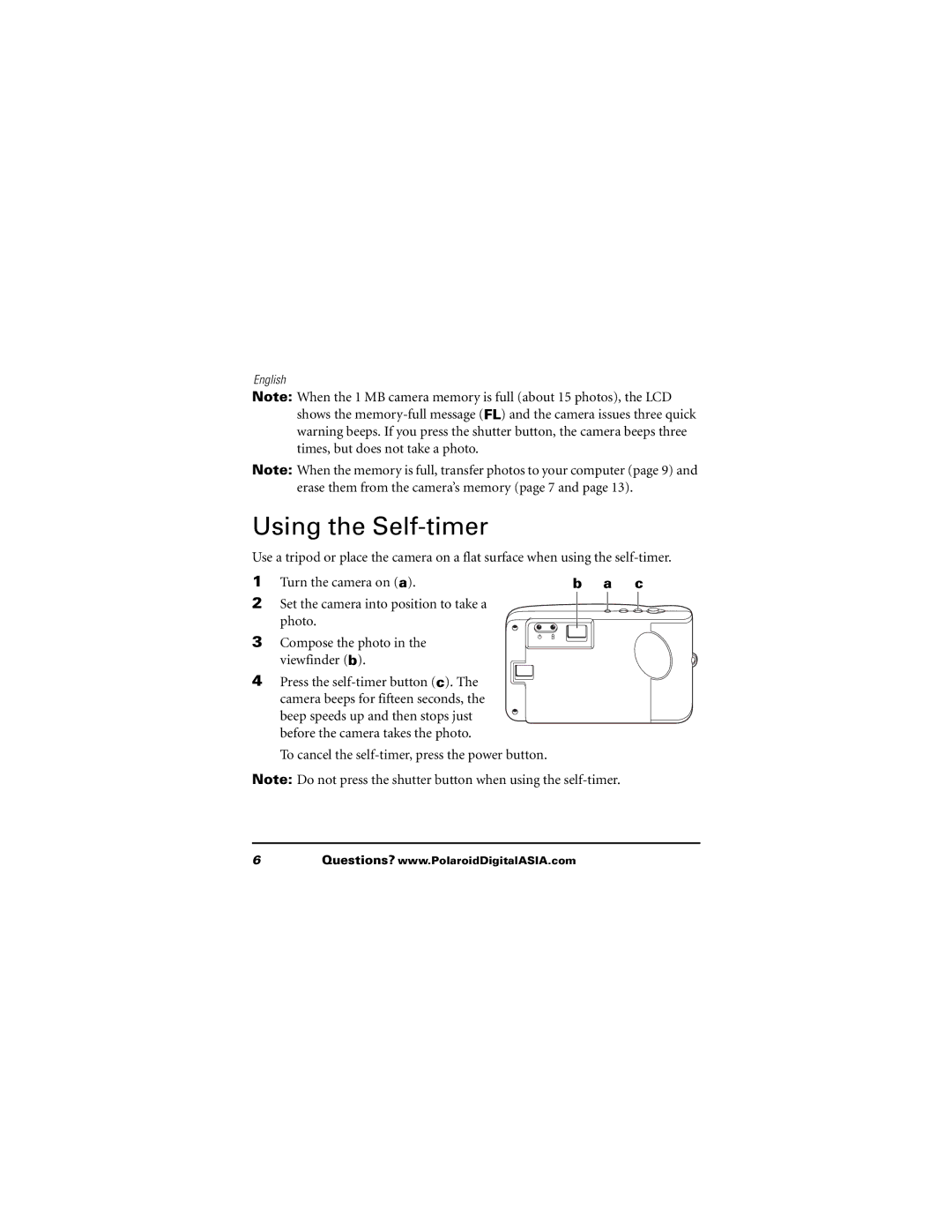 Polaroid 620 user manual Using the Self-timer 