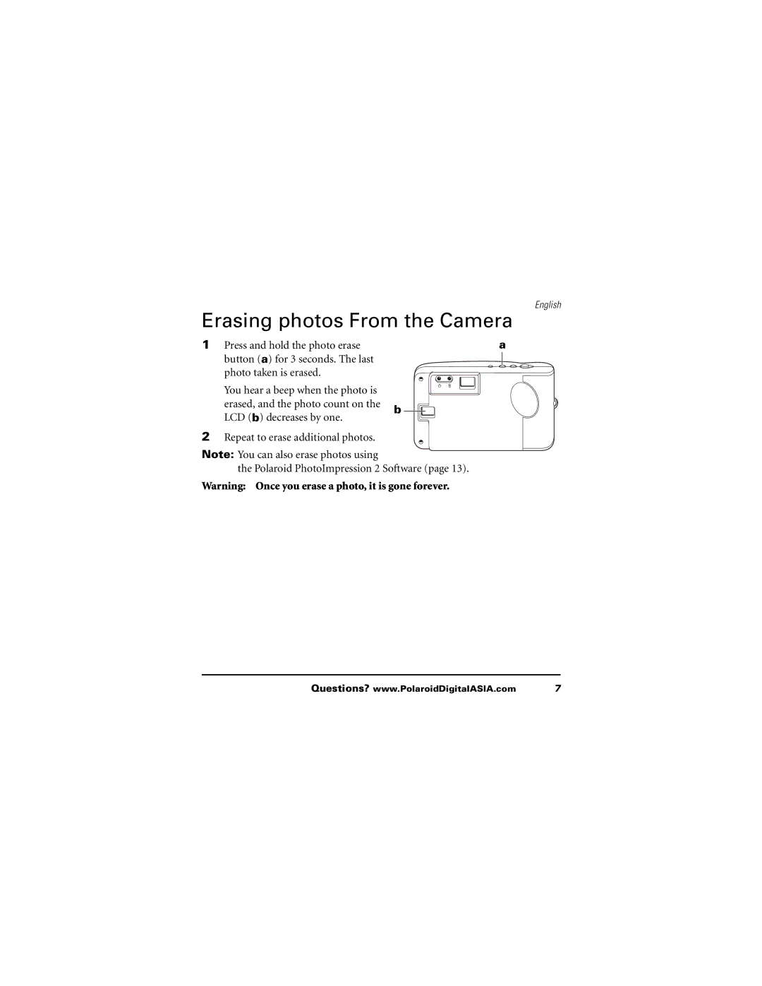 Polaroid 620 user manual Erasing photos From the Camera 