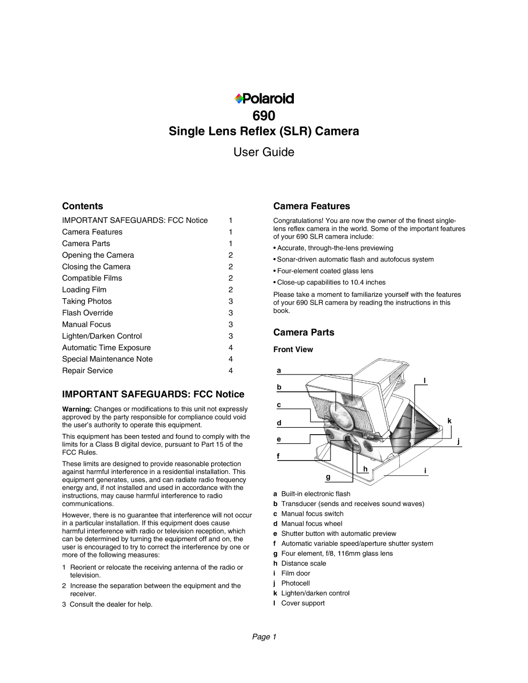 Polaroid 690 manual Contents, Important Safeguards FCC Notice, Camera Features, Camera Parts 