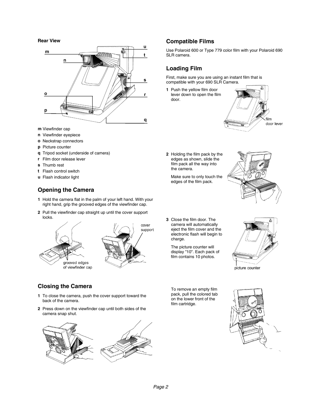 Polaroid 690 manual Opening the Camera, Closing the Camera, Compatible Films, Loading Film, Rear View 