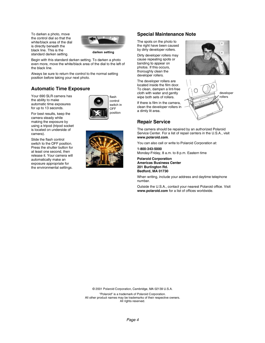 Polaroid 690 manual Automatic Time Exposure, Special Maintenance Note, Repair Service 