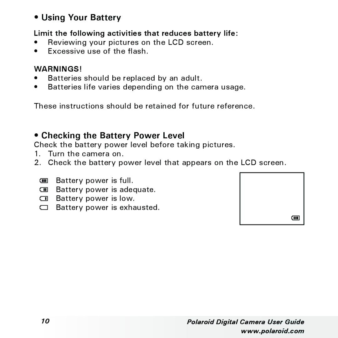 Polaroid a300, a310 manual Using Your Battery, Checking the Battery Power Level 