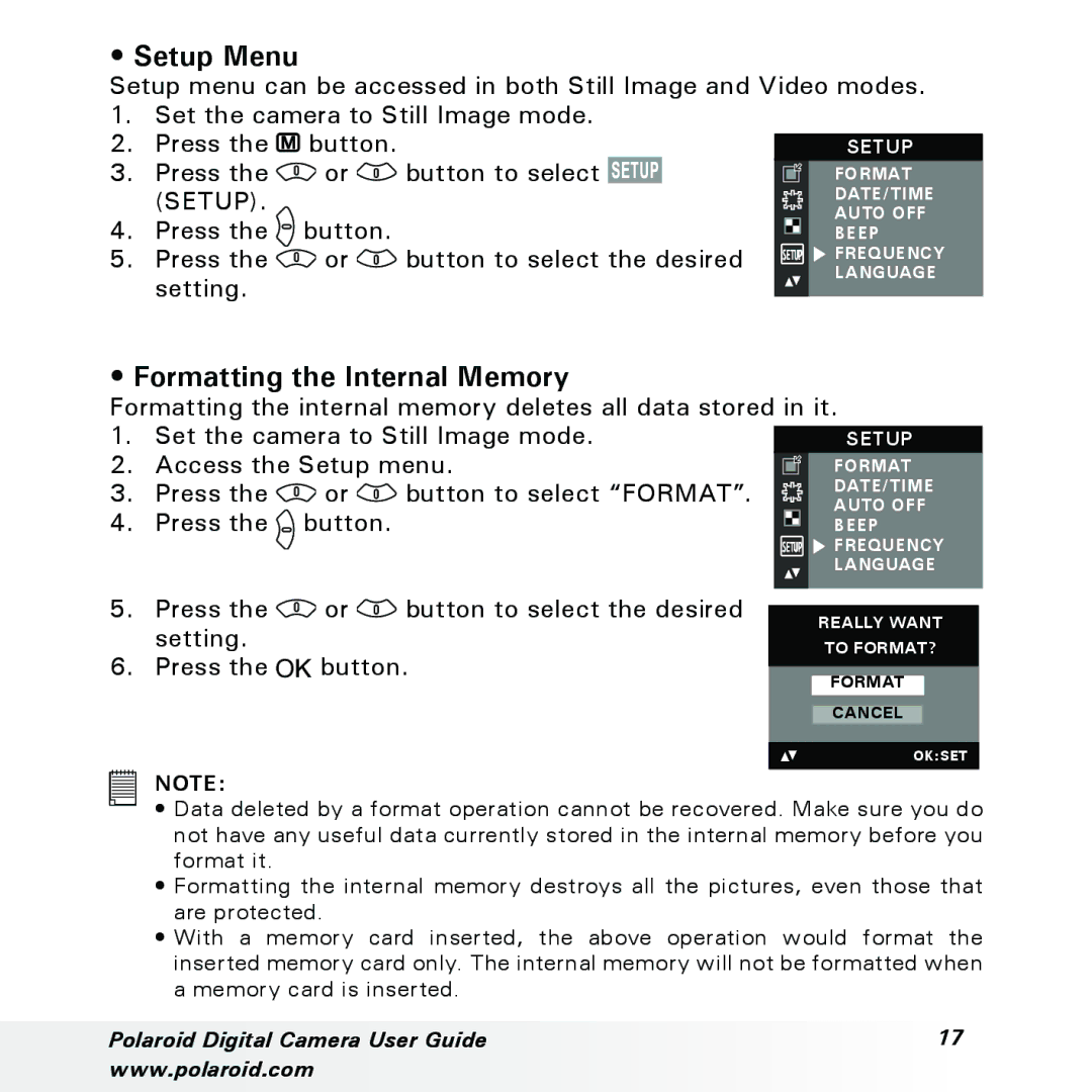 Polaroid a310, a300 manual Setup Menu, Formatting the Internal Memory 