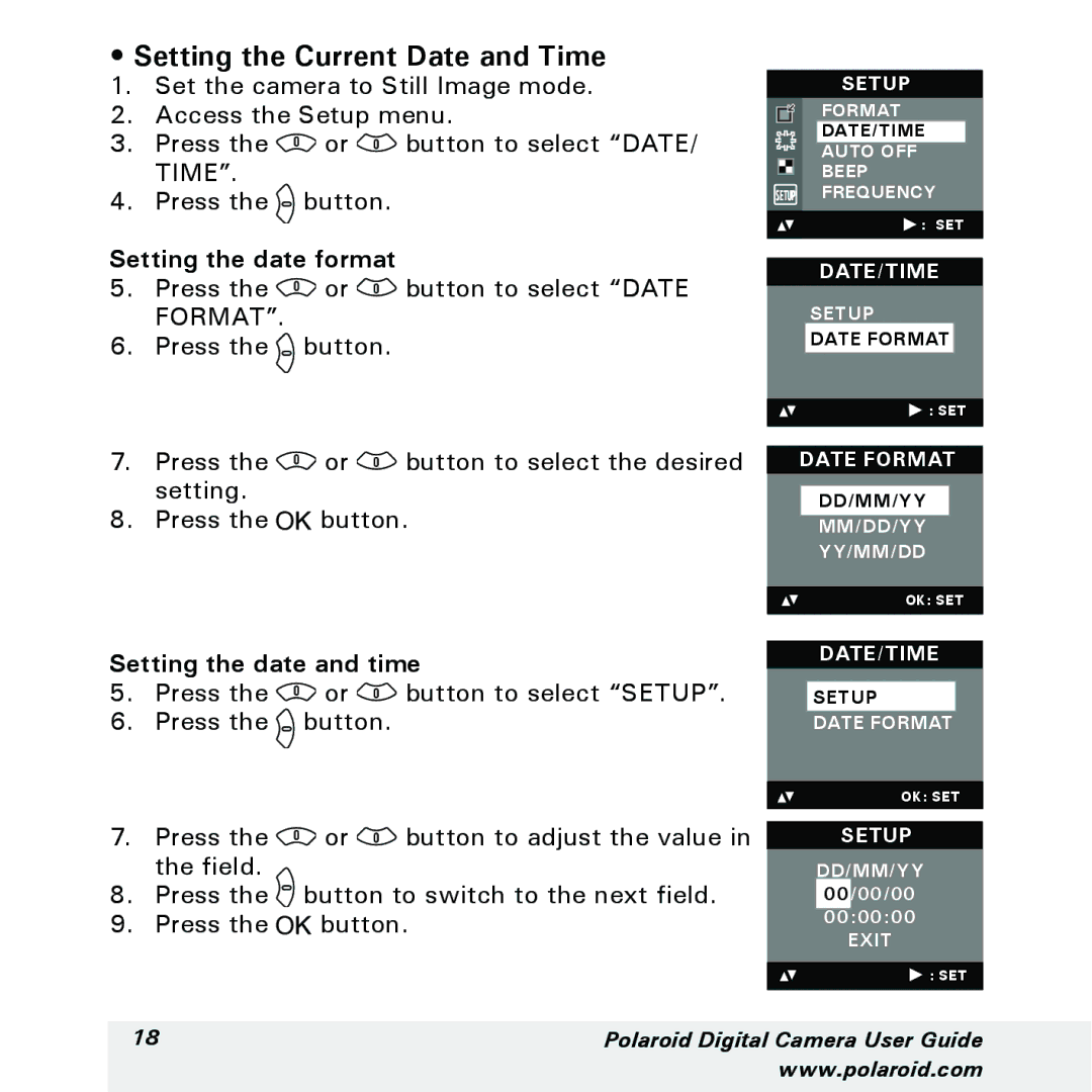 Polaroid a300, a310 manual Setting the Current Date and Time, Setting the date format, Setting the date and time 