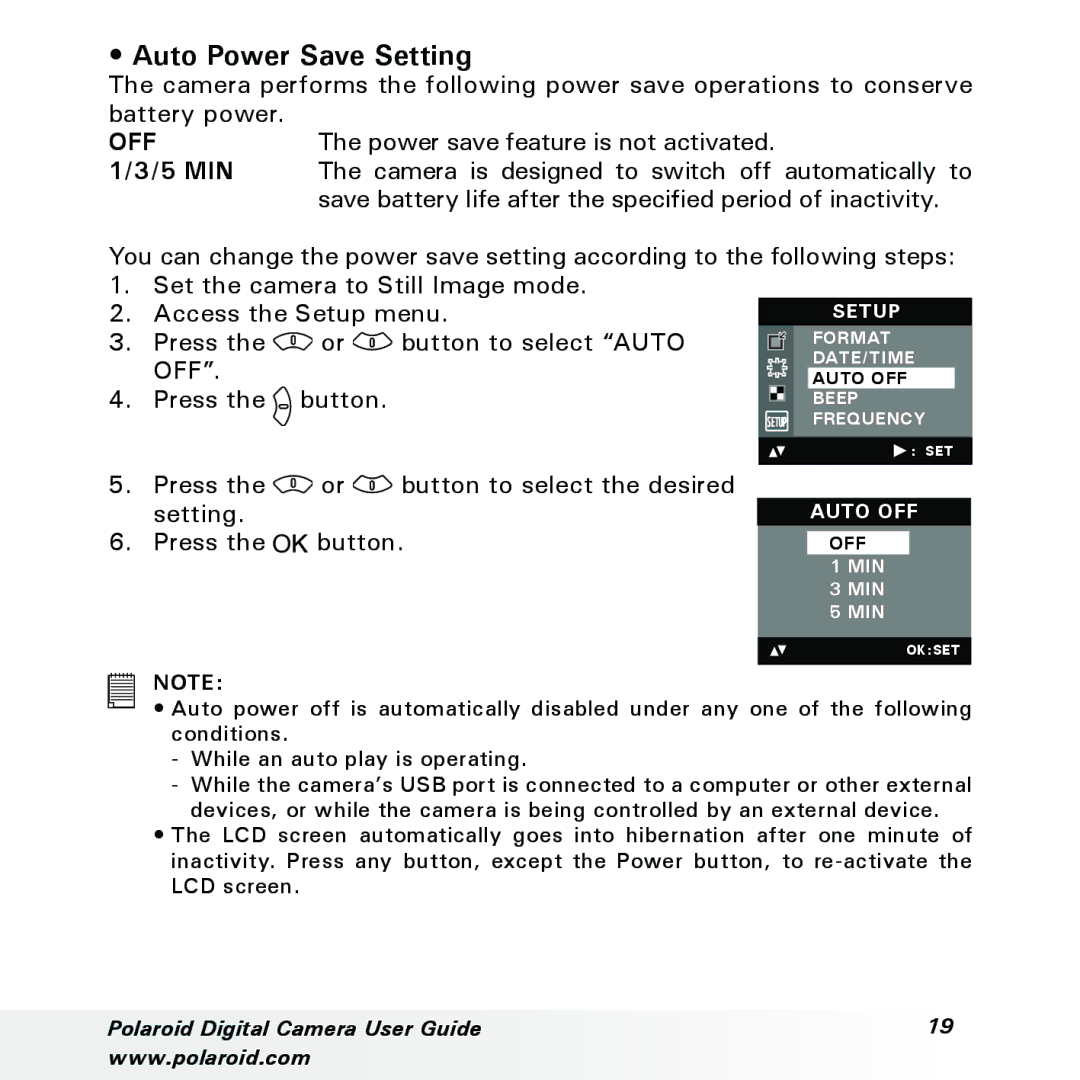 Polaroid a310, a300 manual Auto Power Save Setting, 5 MIN, Off 