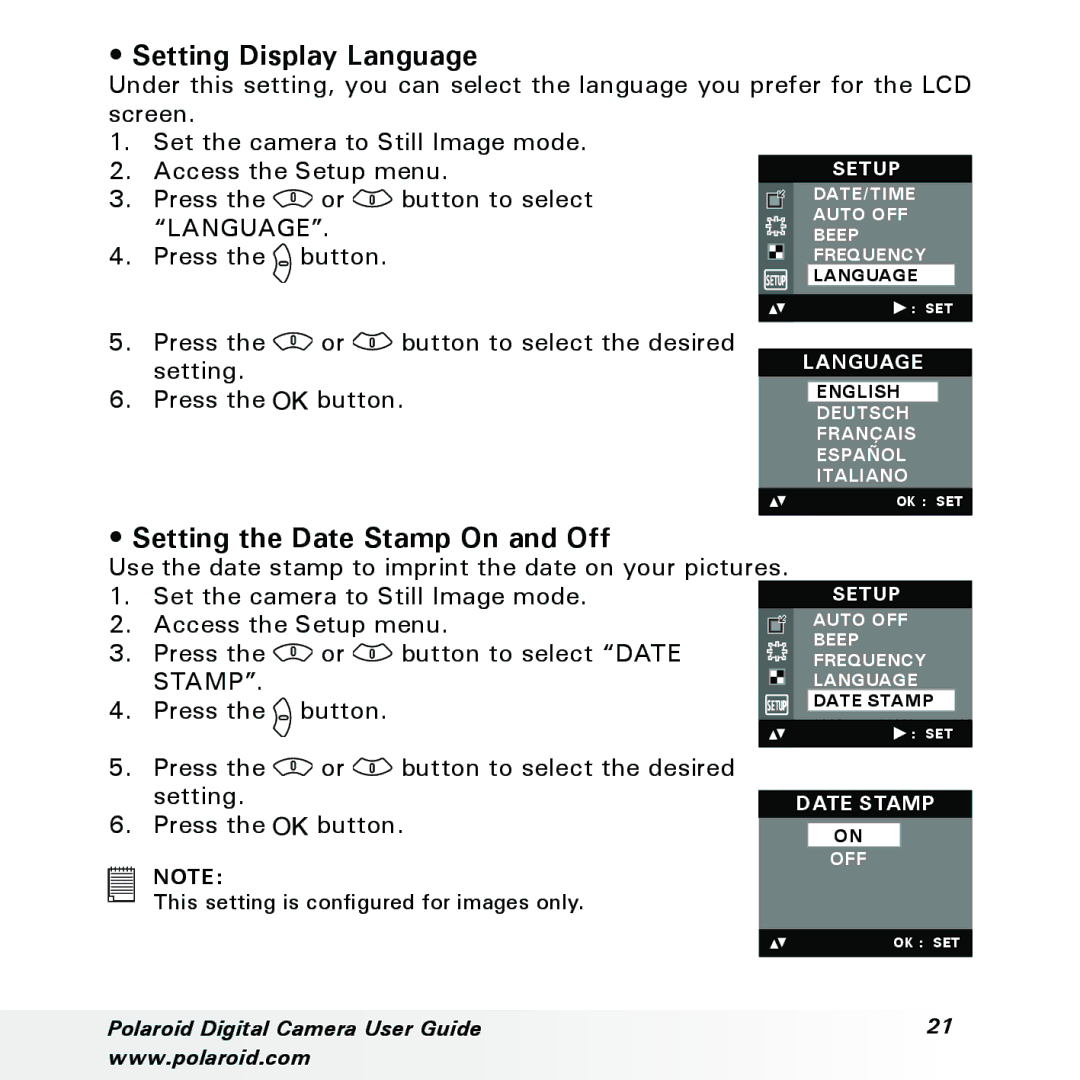 Polaroid a310, a300 manual Setting Display Language, Setting the Date Stamp On and Off 