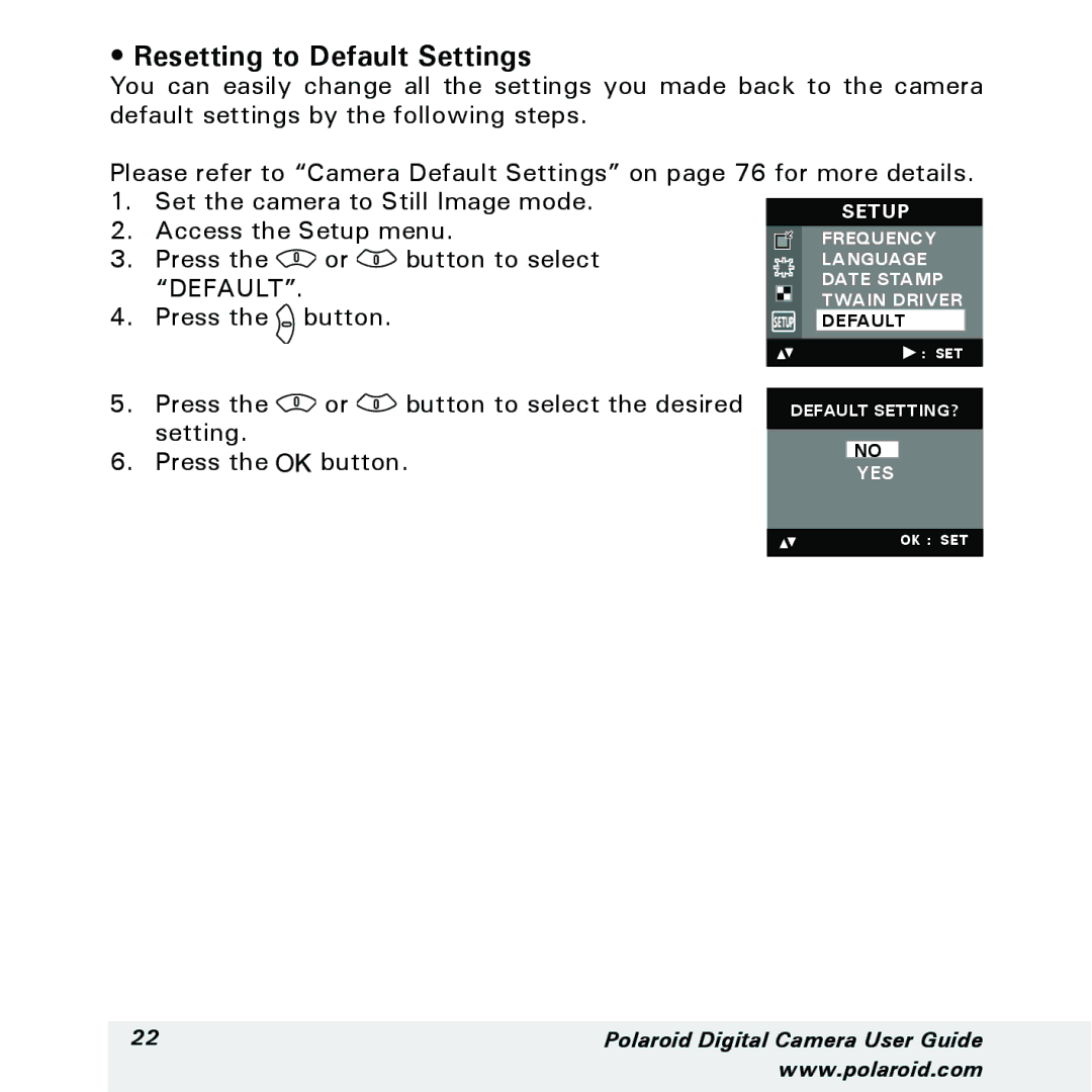 Polaroid a300, a310 manual Resetting to Default Settings 