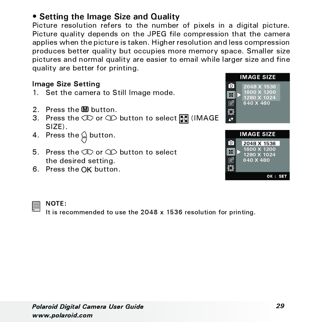 Polaroid a310, a300 manual Setting the Image Size and Quality, Image Size Setting 