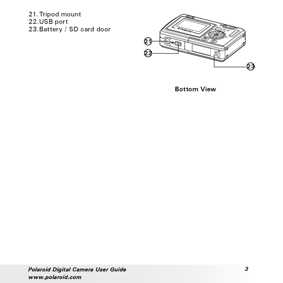 Polaroid a310, a300 manual Tripod mount 22.USB port 23.Battery / SD card door, Bottom View 