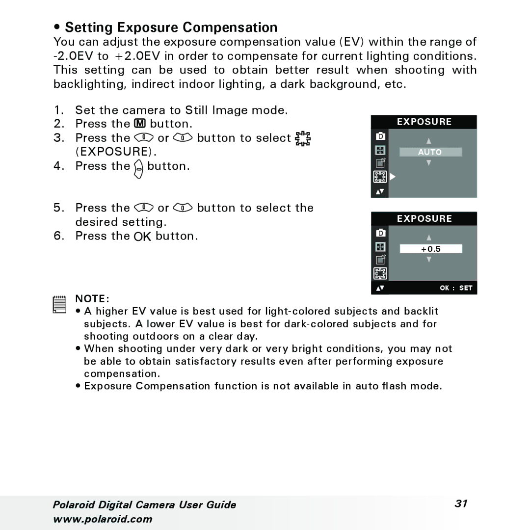 Polaroid a310, a300 manual Setting Exposure Compensation, Press Button Button to select, Desired setting Press Button 