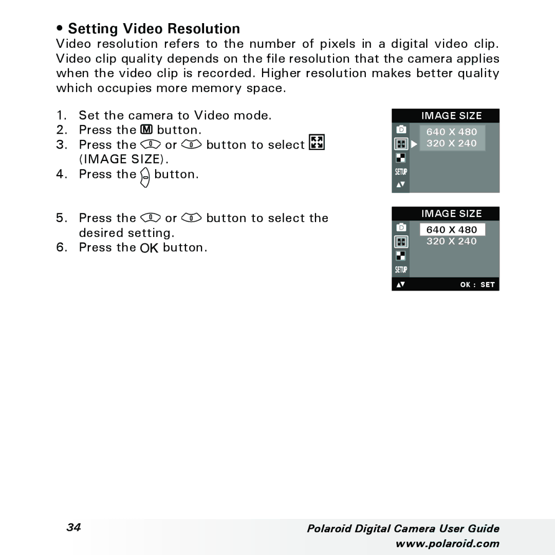 Polaroid a300, a310 manual Setting Video Resolution 