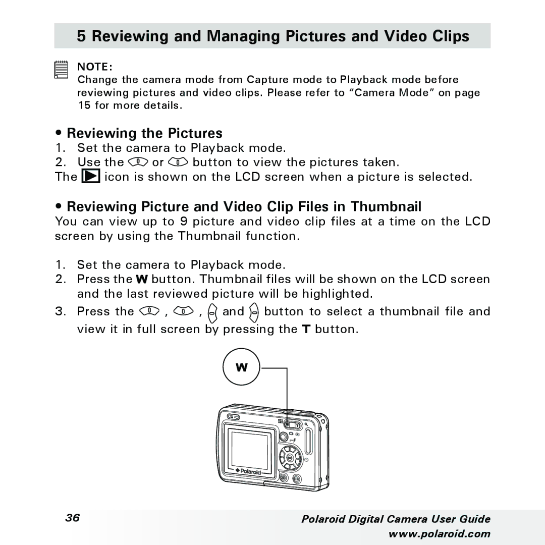 Polaroid a300, a310 manual Reviewing and Managing Pictures and Video Clips, Reviewing the Pictures 