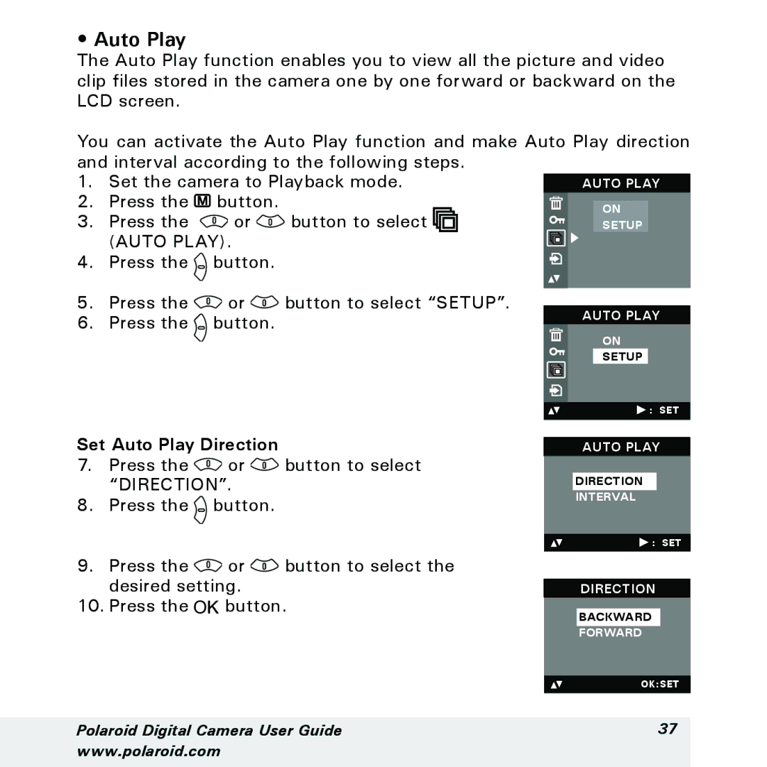Polaroid a310, a300 manual Set Auto Play Direction 