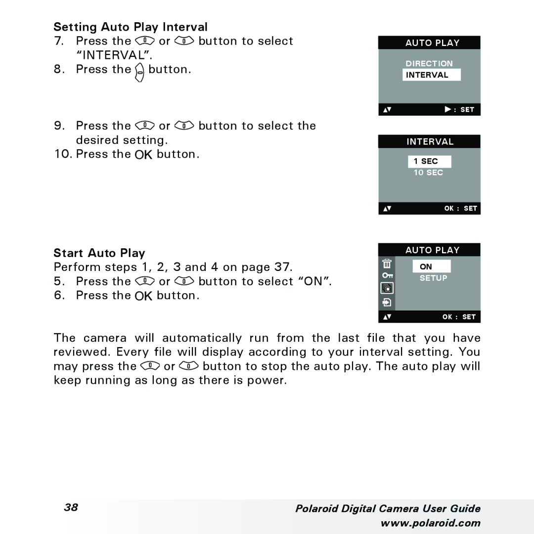 Polaroid a300, a310 manual Setting Auto Play Interval, Start Auto Play 