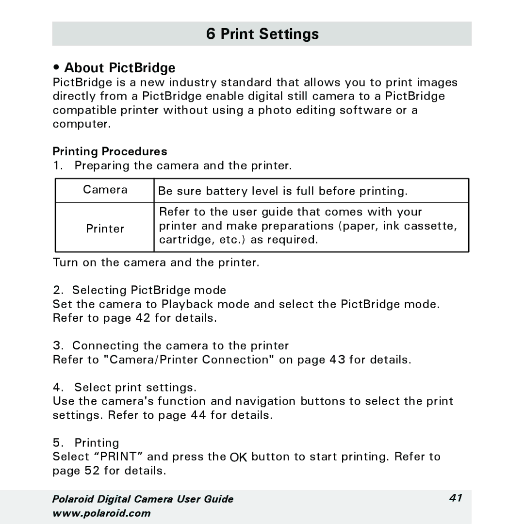 Polaroid a310, a300 manual Print Settings, About PictBridge, Printing Procedures 