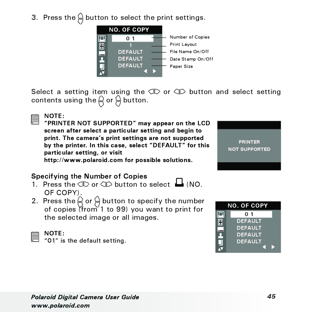 Polaroid a310, a300 manual Press the button to select the print settings, Specifying the Number of Copies 