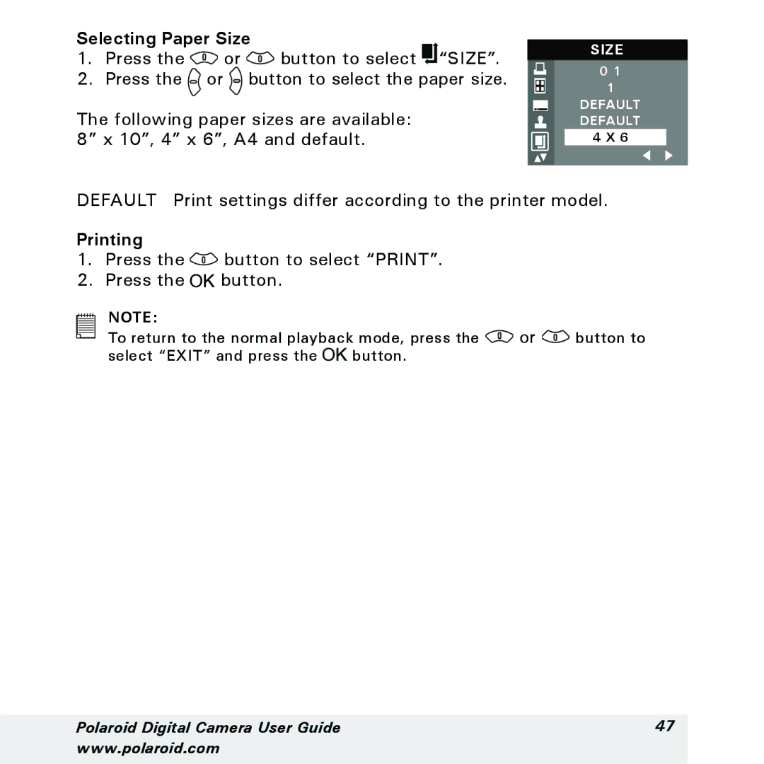 Polaroid a310, a300 manual Selecting Paper Size, Printing, Press Button to select Print 