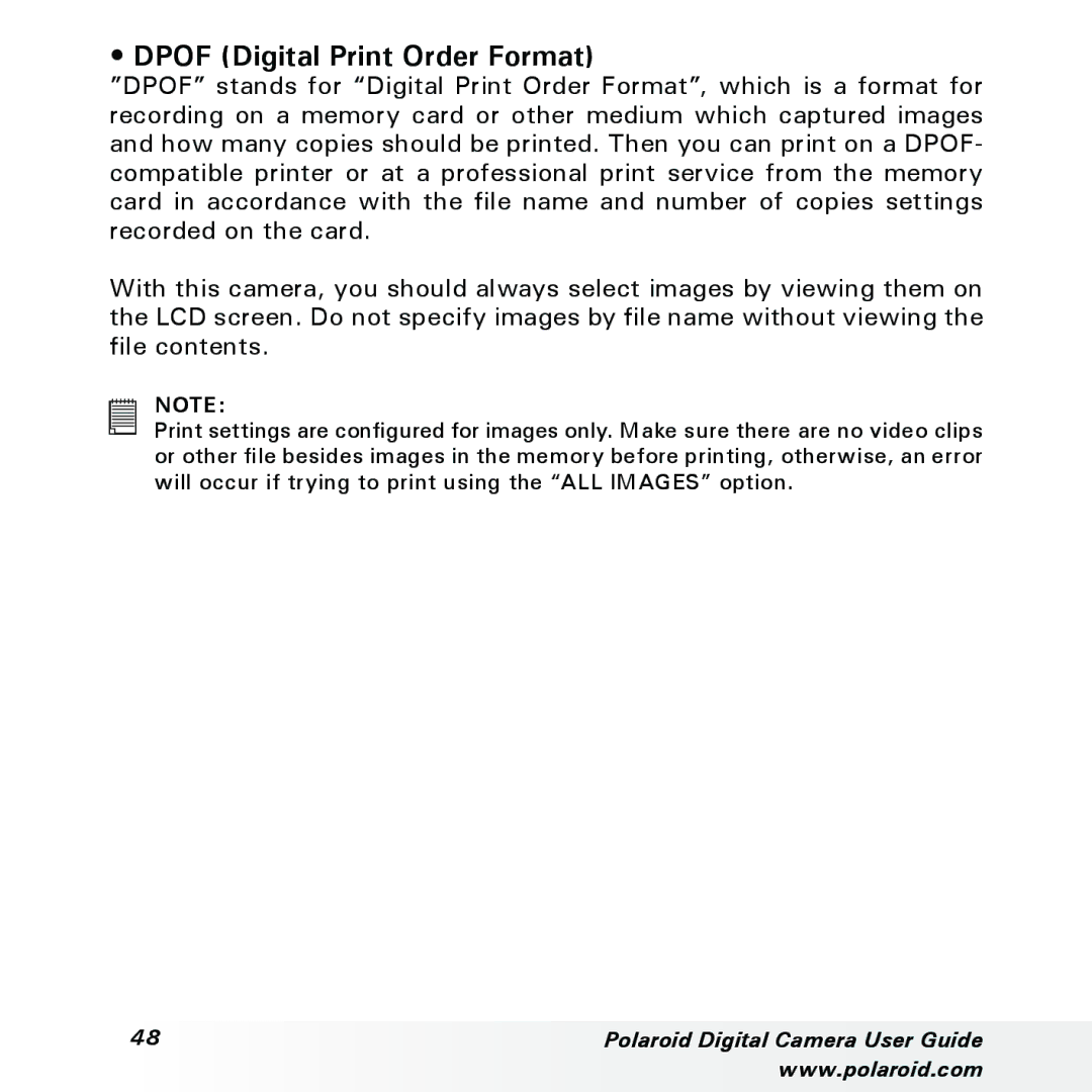 Polaroid a300, a310 manual Dpof Digital Print Order Format 