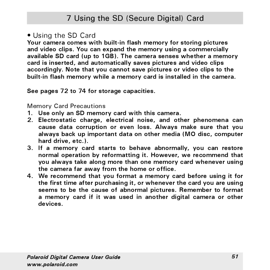 Polaroid a310, a300 manual Using the SD Secure Digital Card, Using the SD Card, Memory Card Precautions 