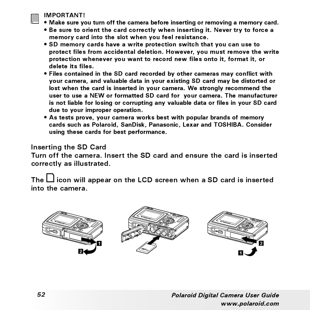 Polaroid a300, a310 manual Inserting the SD Card 