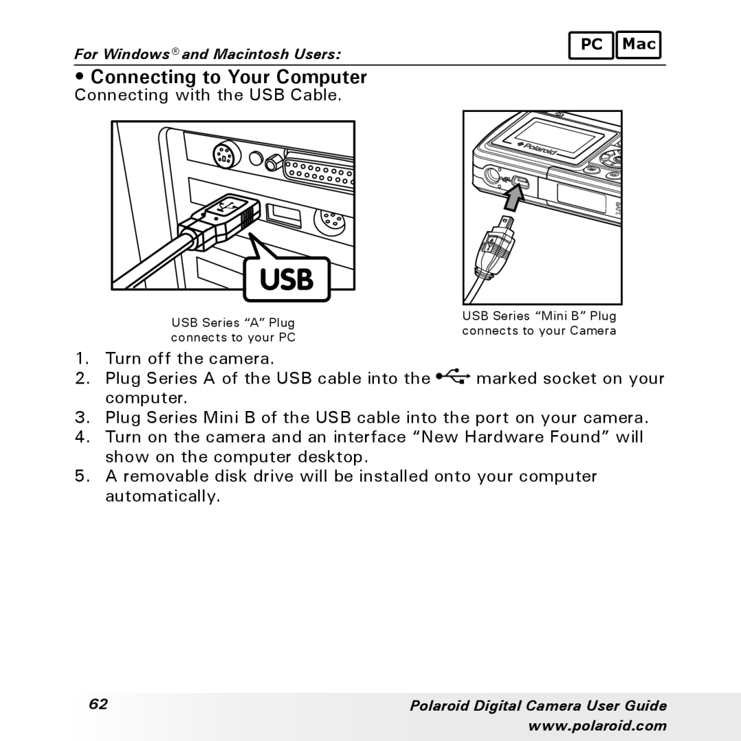 Polaroid a300, a310 manual Connecting to Your Computer, Connecting with the USB Cable 