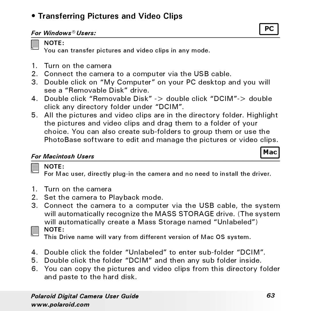 Polaroid a310, a300 manual Transferring Pictures and Video Clips 