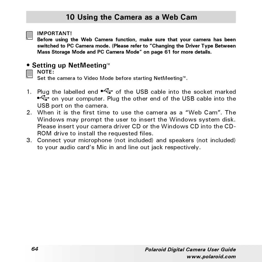 Polaroid a300, a310 manual Using the Camera as a Web Cam, Setting up NetMeeting 