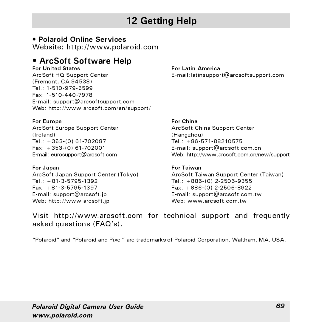 Polaroid a310, a300 manual Getting Help, ArcSoft Software Help 