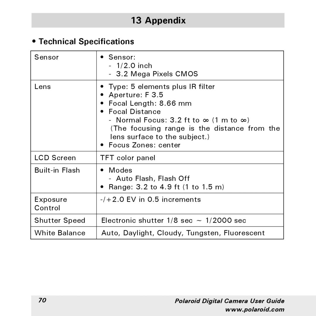 Polaroid a300, a310 manual Appendix, Technical Specifications 