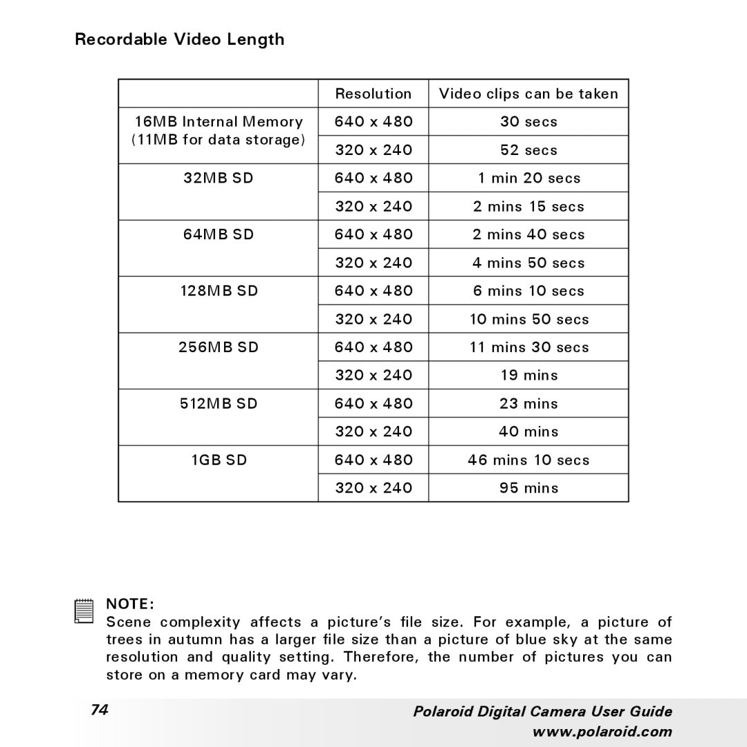 Polaroid a300, a310 manual Recordable Video Length 