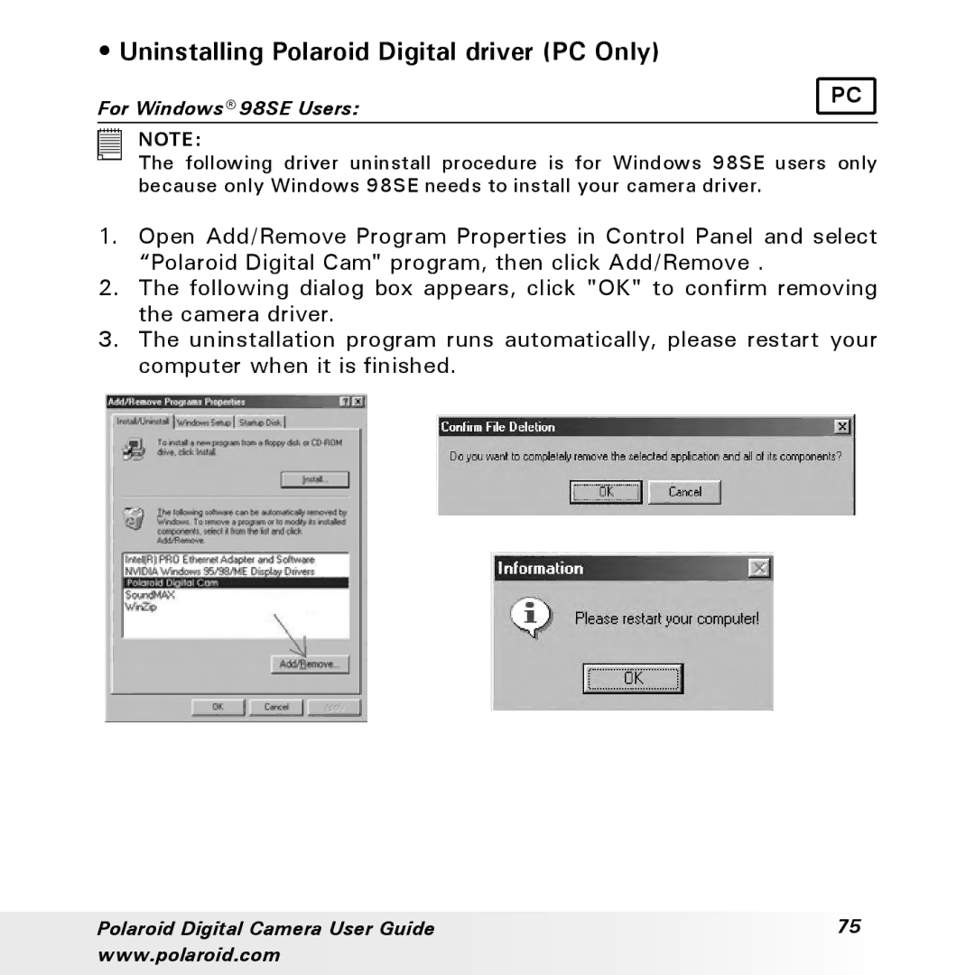 Polaroid a310, a300 manual Uninstalling Polaroid Digital driver PC Only, For Windows 98SE Users 