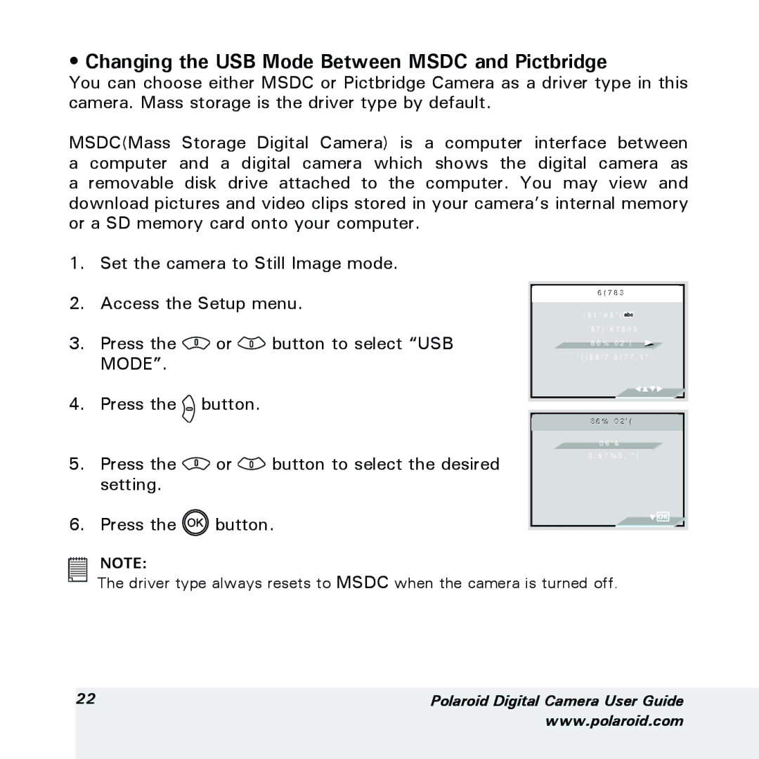 Polaroid a600 manual Changing the USB Mode Between Msdc and Pictbridge 